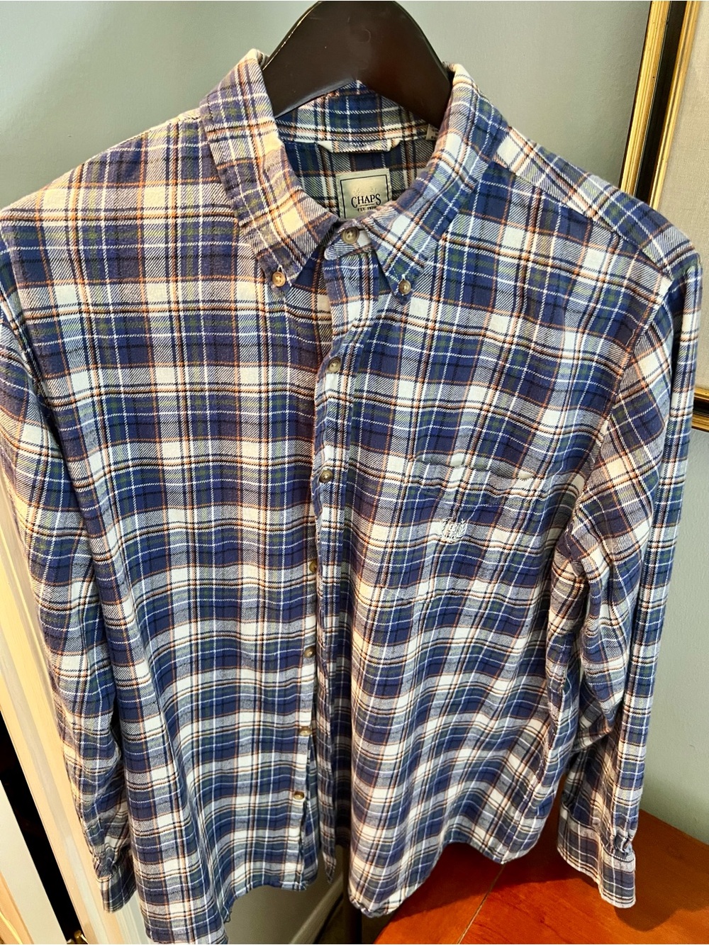 Chaps Men's Blue/White/Green/Orange Plaid Button-Down Shirt size L, 100% Cotton